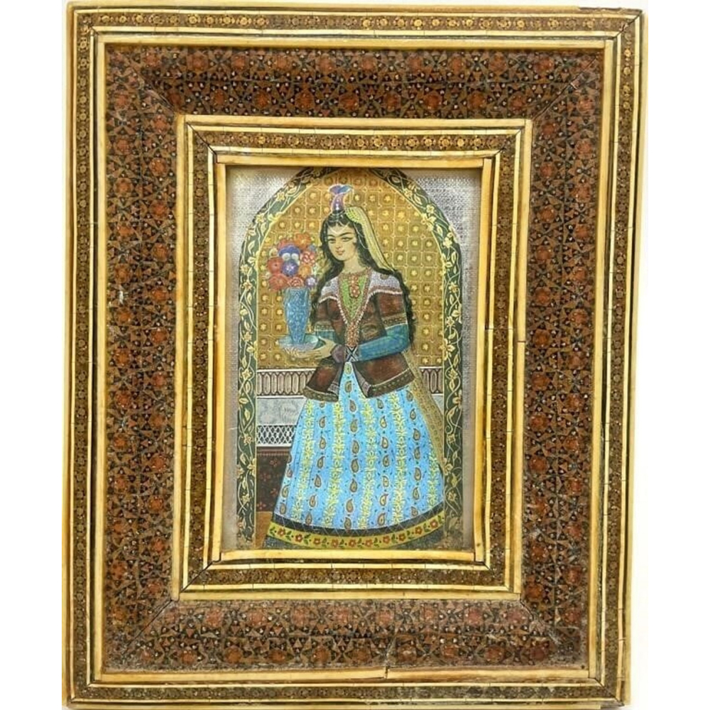 Persian Khatam Inlay Frame w/ Qajar Style Miniature Art Print 6.75x8.125